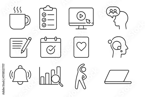 Remote Work Icons. Line style icons of remote working rituals: morning coffee icon, daily goals list, start-up routine icon, team