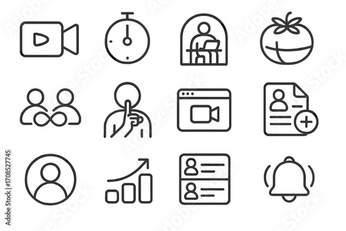 Virtual Coworking Icons. Line style icons of virtual coworking: live camera icon, shared timer icon, virtual desk pod, Pomodoro