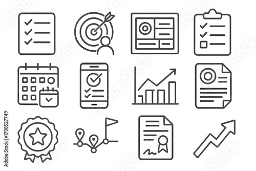 Goal Setting Icons. Line style icons of goal setting essentials: goal checklist, personal objective target, vision board icon,