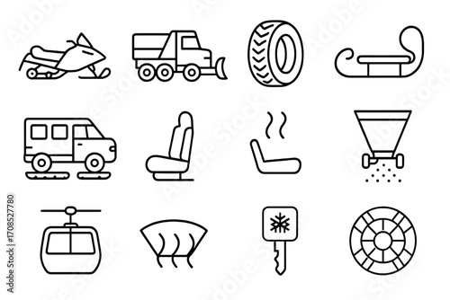 Winter Transport Icons. Line style icons of winter transport: snowmobile icon, snowplow truck, winter tire, sled with rope, snow