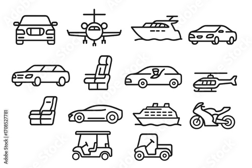 Luxury Transport Icons. Line style icons of luxury transport: limousine front view, private jet icon, yacht symbol, luxury car