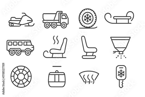 Winter Transport Icons. Line style icons of winter transport: snowmobile icon, snowplow truck, winter tire, sled with rope, snow