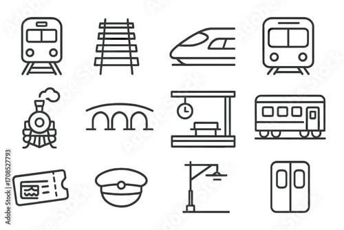 Railway Icons Collection. Line style icons of railway transportation: locomotive front icon, rail tracks icon, high-speed train,