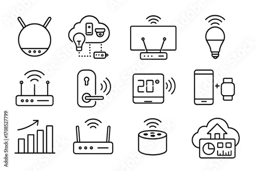 Smart Home Connectivity Icons. Line style icons of smart home networking: smart hub icon, IoT device cloud, smart TV connection,