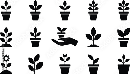 Collection of simple black and white icons representing plant growth and cultivation