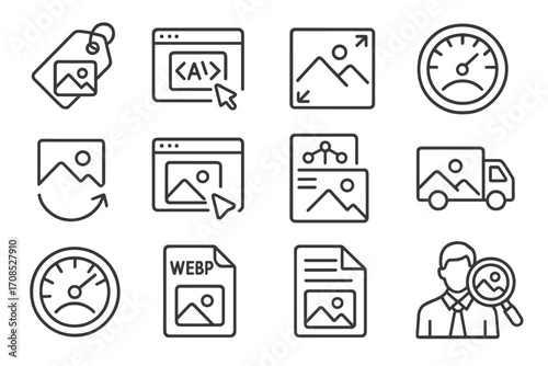 SEO Image Icons. Line style icons of SEO for images: image filename tag, image alt text icon, image size reducer, image