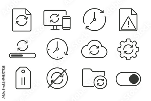 File Sync Icons. Line style icons of file synchronization: file sync arrows, multi-device sync, real-time sync icon, sync error