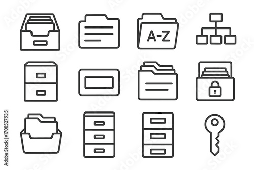Digital Filing Icons. Line style icons of digital filing cabinet: physical file drawer icon, index card tab, alphabetical file tag