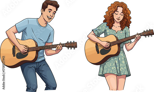 Two people playing acoustic guitar, man in blue shirt and jeans, woman in green floral dress, enjoying music performance, flat vector illustration