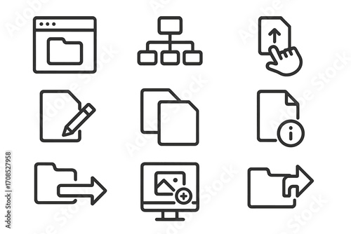 File Management Icons. Line style icons of file management: file explorer window, folder structure icon, drag and drop icon, file