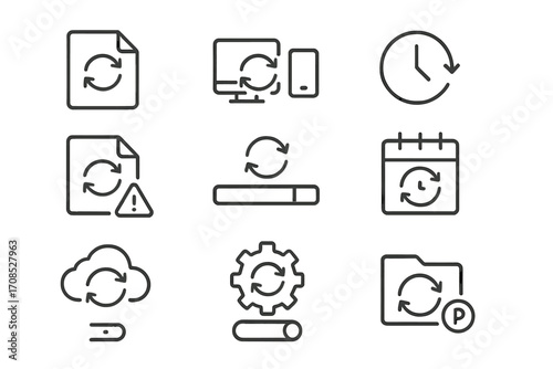 File Sync Icons. Line style icons of file synchronization: file sync arrows, multi-device sync, real-time sync icon, sync error