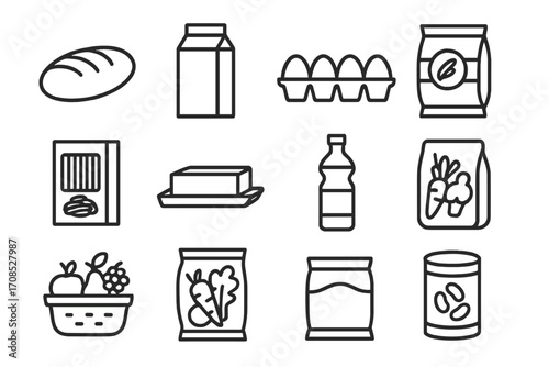 Essential Food Icons. Line style icons of essential food items: loaf of bread, carton of milk, egg carton, rice bag, pasta box,