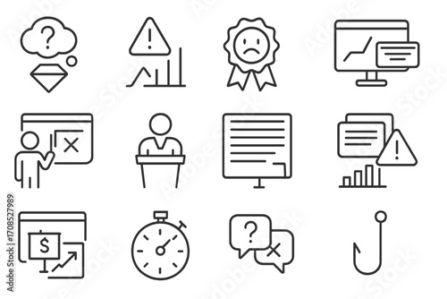 Pitch Mistakes Icons. Line style icons of pitch mistakes: unclear value icon, missing metrics alert, weak delivery badge,