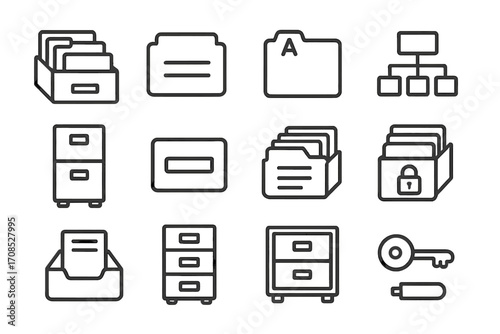 Digital Filing Icons. Line style icons of digital filing cabinet: physical file drawer icon, index card tab, alphabetical file tag
