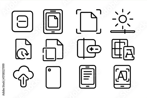 Mobile Scan Icons. Line style icons of document scanning app: scan button icon, mobile scan screen, auto edge detect, brightness