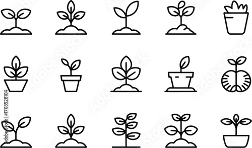 Collection of line art icons representing plant growth stages from seedling to potted plant.