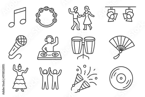 Festival Dance Icons. Line style icons of festival music and dance: musical notes, tambourine icon, dancing couple, stage lights,