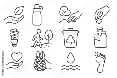 Nature Protection Icons. Line style icons of nature protection actions: hand holding leaf, reusable water bottle, tree planting,