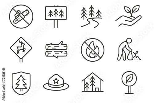 Forest Conservation Icons. Line style icons of forest preservation: chainsaw ban, forest sign, nature path, planting tree, animal