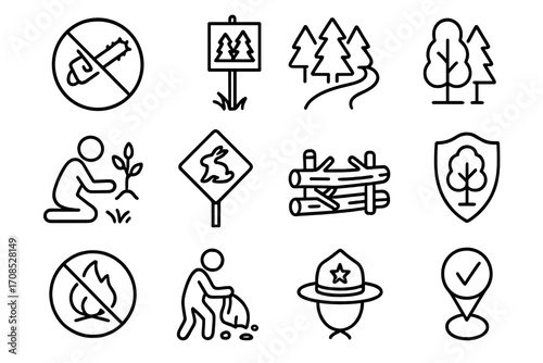 Forest Conservation Icons. Line style icons of forest preservation: chainsaw ban, forest sign, nature path, planting tree, animal