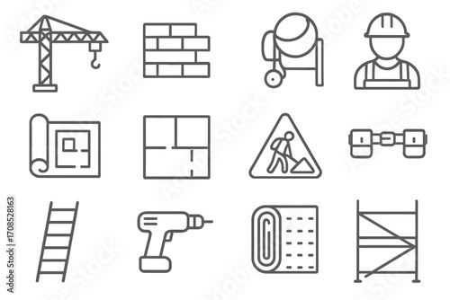 Construction Line Icons. Line style icons of construction and building: crane icon, brick wall, concrete mixer, construction