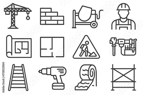 Construction Line Icons. Line style icons of construction and building: crane icon, brick wall, concrete mixer, construction