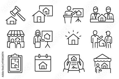 Real Estate Event Icons. Line style icons of real estate events: property auction, open house icon, buyer seminar, broker meeting,
