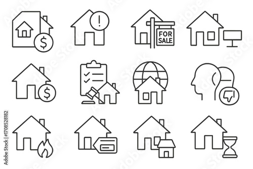 Housing Challenges Icons. Line style icons of housing challenges: eviction notice, rent overdue, foreclosure icon, vacancy icon,