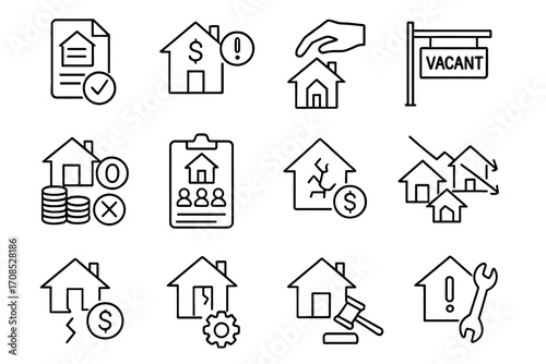Housing Challenges Icons. Line style icons of housing challenges: eviction notice, rent overdue, foreclosure icon, vacancy icon,