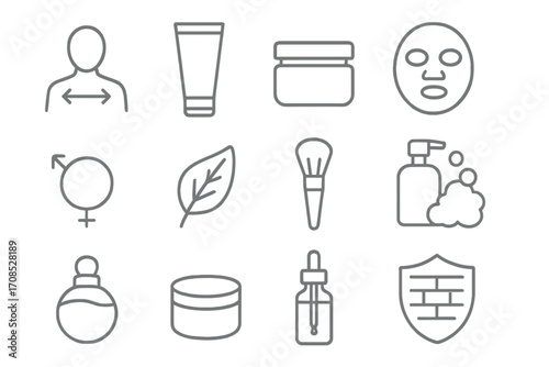 Inclusive Beauty Icons. Line style icons of gender-neutral beauty: unisex skincare, simple tube icon, minimal cream jar, universal