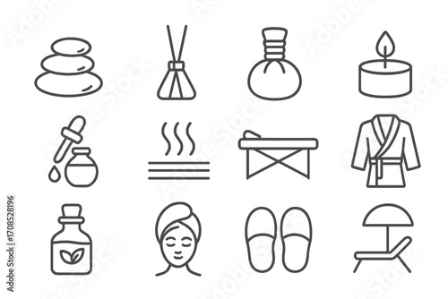 Spa Treatment Icons. Line style icons of spa treatments: hot stones, aroma diffuser, herbal compress, spa candle, massage oil