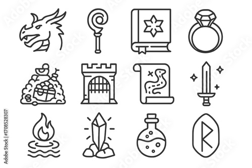 Fantasy Icon Set. Line style icons of fantasy gaming: dragon head, magic staff, spell book, enchanted ring, treasure hoard, castle