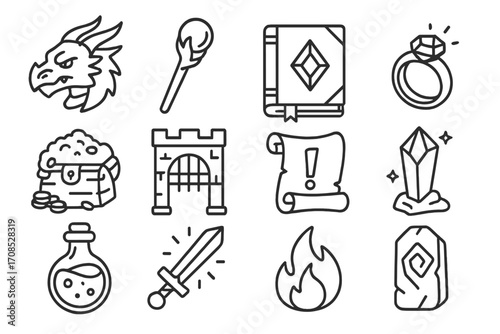 Fantasy Icon Set. Line style icons of fantasy gaming: dragon head, magic staff, spell book, enchanted ring, treasure hoard, castle