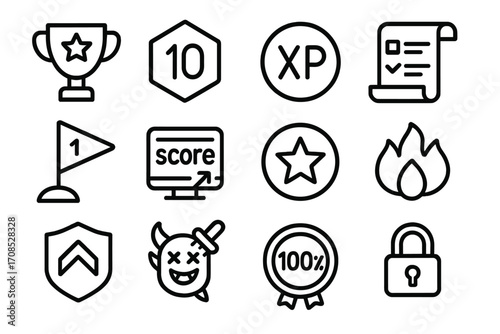Gaming Achievement Icons. Line style icons of gaming achievements: unlocked trophy, level badge, XP icon, daily quest, milestone