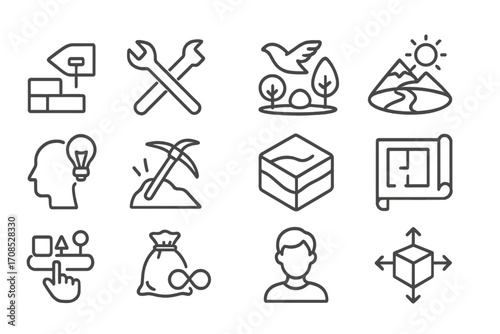 Sandbox Game Icons. Line style icons of sandbox games: build icon, craft tool, free mode, open world, creative icon, terraforming