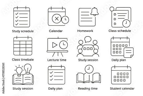 Student Planner Icons. Line style icons of student planners: study schedule, exam date, homework reminder, class schedule, lecture