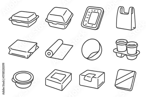 Food Packaging Icons. Line style icons of food packaging: food container, clamshell box, sealed tray, eco bag, paper wrapper, food