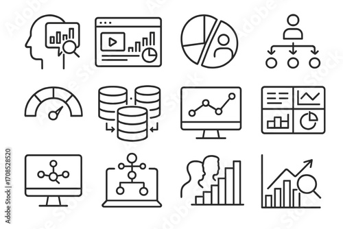 Data-Driven Marketing Icons. Line style icons of data-driven marketing: audience insights, campaign analytics, segment behavior,