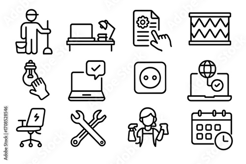 Workspace Maintenance Icons. Line style icons of workspace maintenance: janitor icon, clean desk policy, maintenance request, air