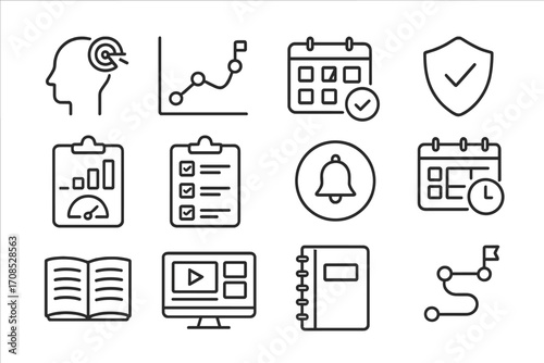 Learning Plan Icons. Line style icons of personal learning plans: learning goal icon, roadmap chart, weekly task icon, custom plan