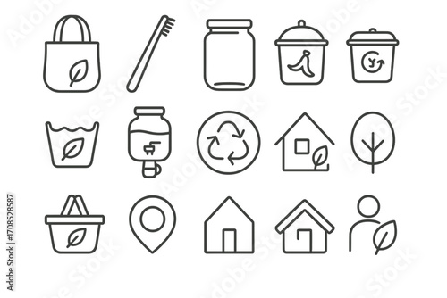 Eco Living Icons. Line style icons of sustainable living basics: reusable bag, bamboo toothbrush, glass jar, compost bin, eco