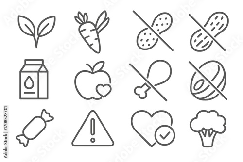 Dietary Icon Collection. Line style icons of dietary options: vegan icon, vegetarian icon, gluten-free icon, nut-free icon,
