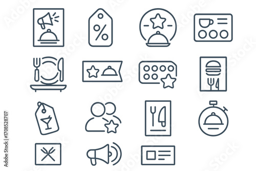 Restaurant Marketing Icons. Line style icons of restaurant marketing: promo flyer icon, discount tag, special offer icon, meal