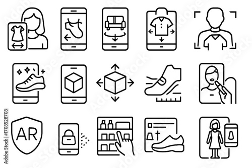 AR Shopping Icons. Line style icons of AR for shopping: virtual try-on icon, AR furniture placement, virtual fitting room, AR shoe