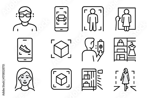 AR Shopping Icons. Line style icons of AR for shopping: virtual try-on icon, AR furniture placement, virtual fitting room, AR shoe