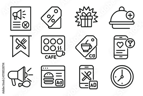 Restaurant Marketing Icons. Line style icons of restaurant marketing: promo flyer icon, discount tag, special offer icon, meal