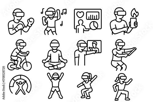 VR Fitness Icons. Line style icons of VR fitness and activity: VR boxing icon, rhythm dance icon, fitness dashboard icon, calorie