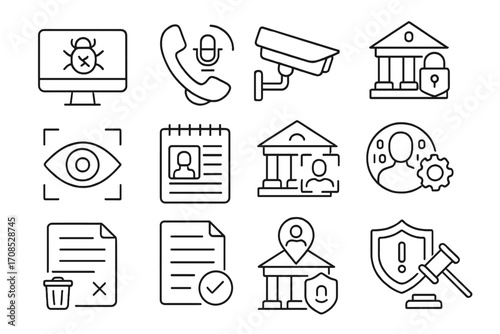 Surveillance and Privacy Icons. Line style icons of surveillance and privacy: data breach icon, phone tap icon, CCTV camera icon,