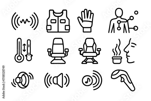 Haptics Line Icons. Line style icons of haptics and immersion: vibration icon, haptic vest, force feedback glove, pressure points