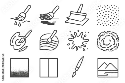 Painting Technique Icons. Line style icons of painting techniques: wet-on-wet icon, dry brush stroke, wash layer icon, stippling
